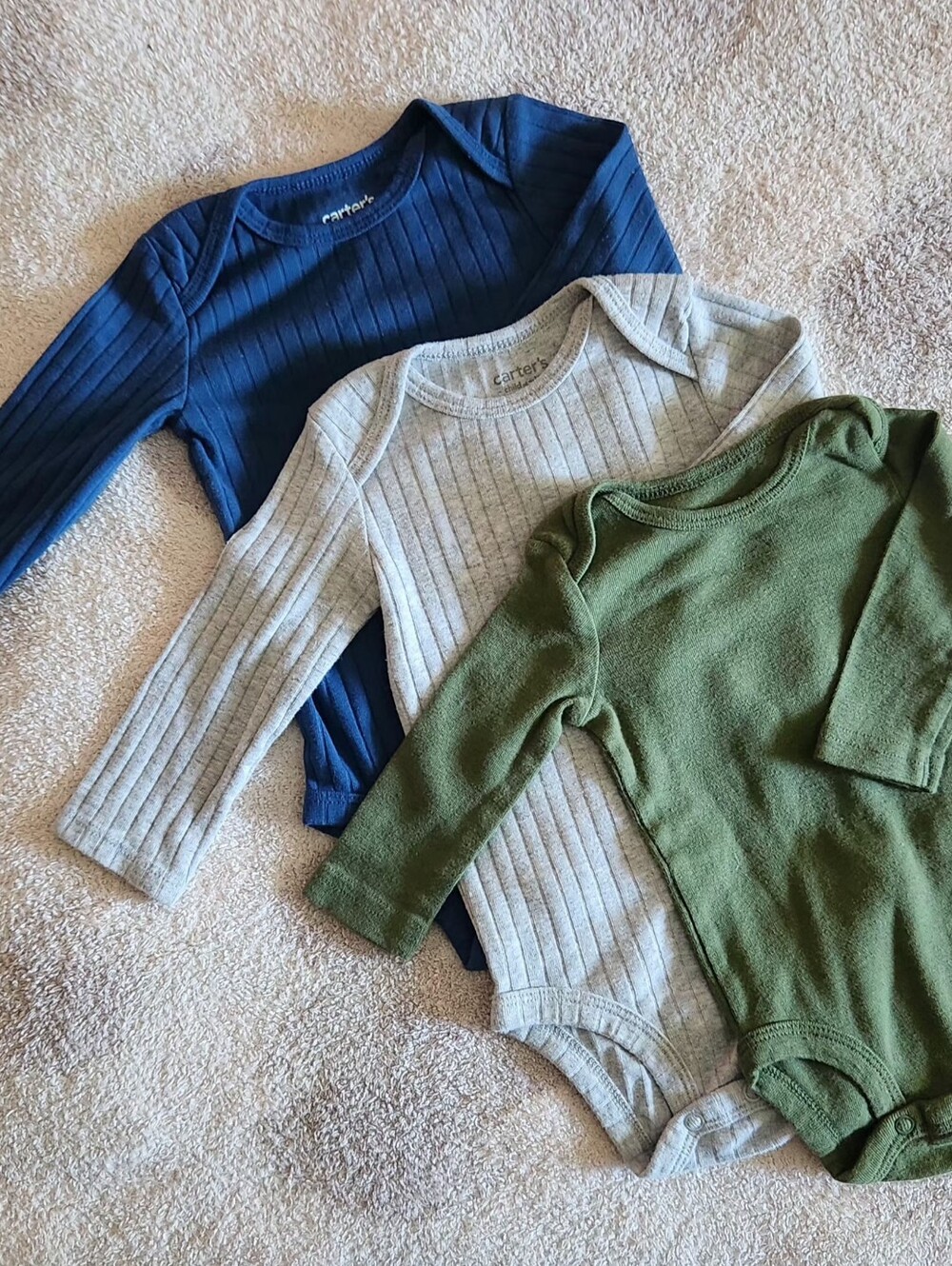Carter's 3-Pack Long-Sleeve One-Pieces - Blue, Gray, Green 3-6mos.